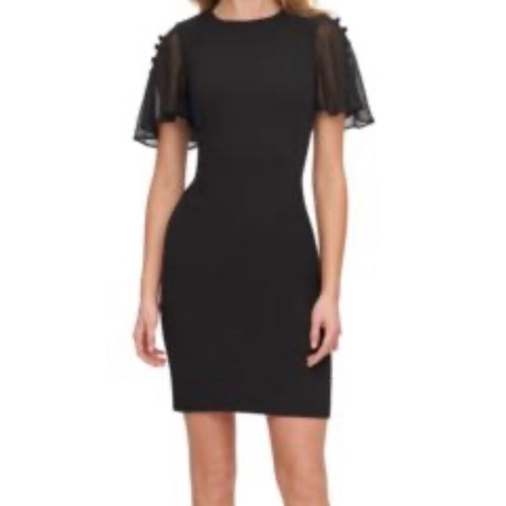 Calvin Klein Black Sheath Dress Chiffon Flutter Sleeve Sheath Dress Size 8 nwot